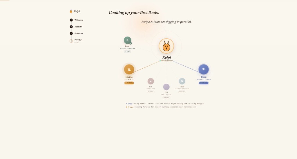 Kelpi's research-first workflow turns brand context into parallel ad angles and creative directions