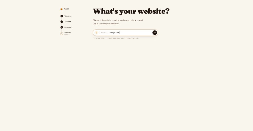 Kelpi asks for a website so it can read the business like a brief before drafting ads