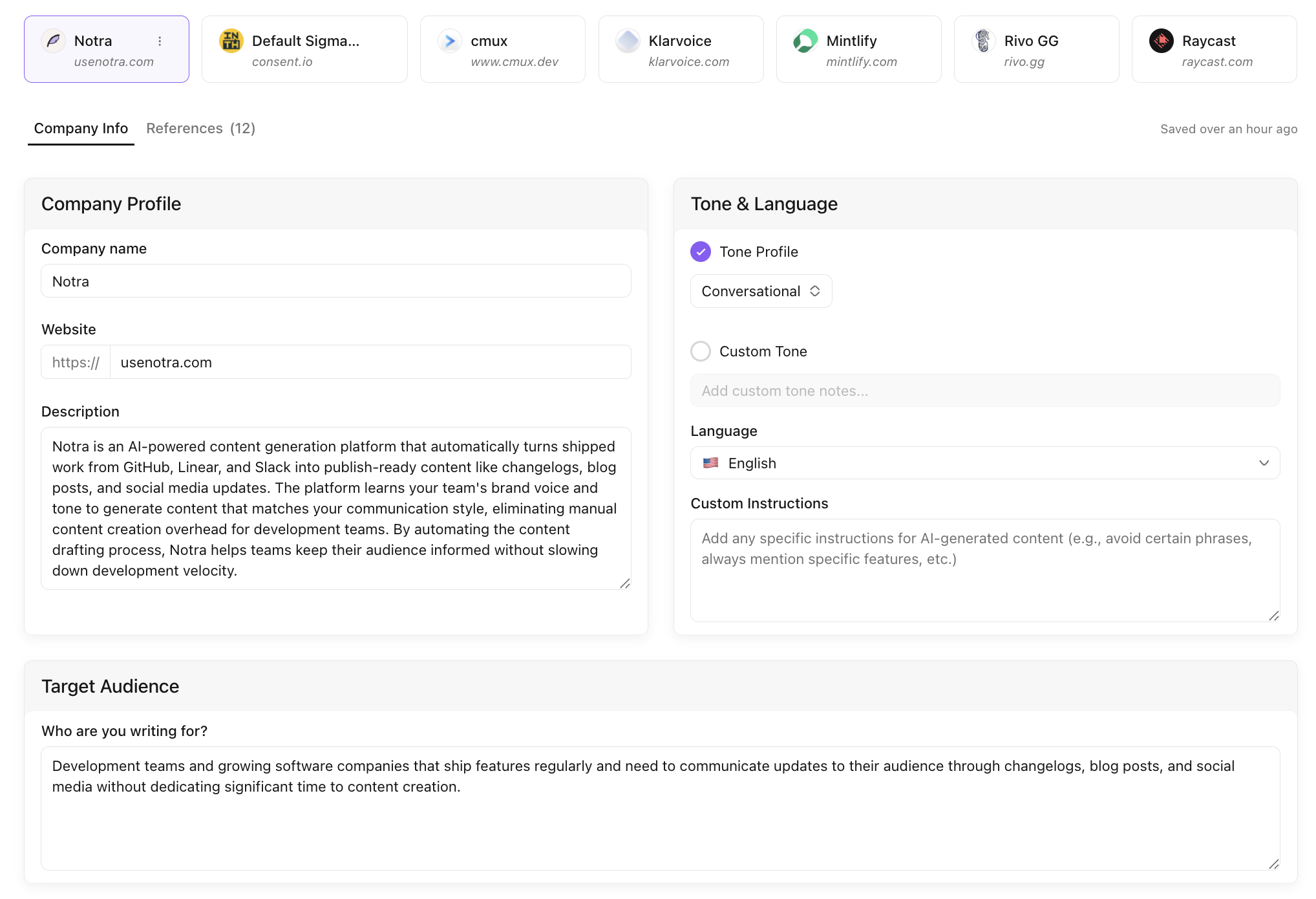 Notra brand profile generated with company information, tone, language, and target audience fields