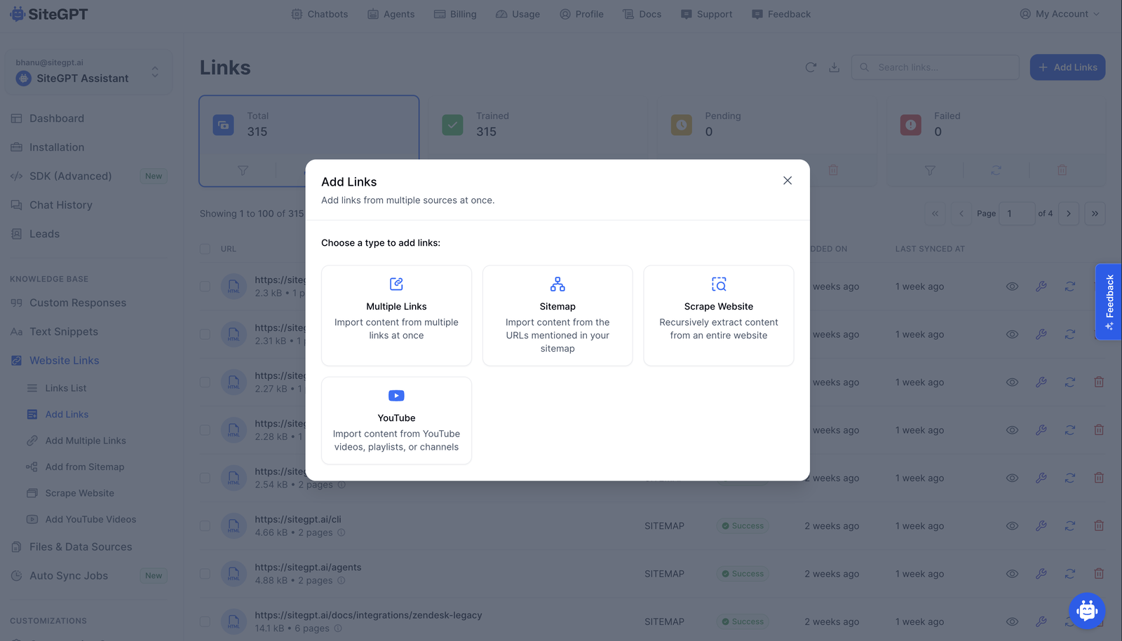 SiteGPT's "Add Links" flow, where customers can scrape an entire website to build their chatbot's knowledge base, powered by Context.dev