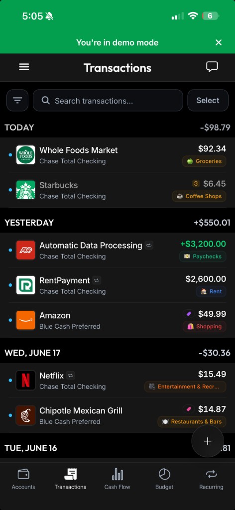 Spendify's transactions screen showing real merchant logos and clean names powered by Context.dev